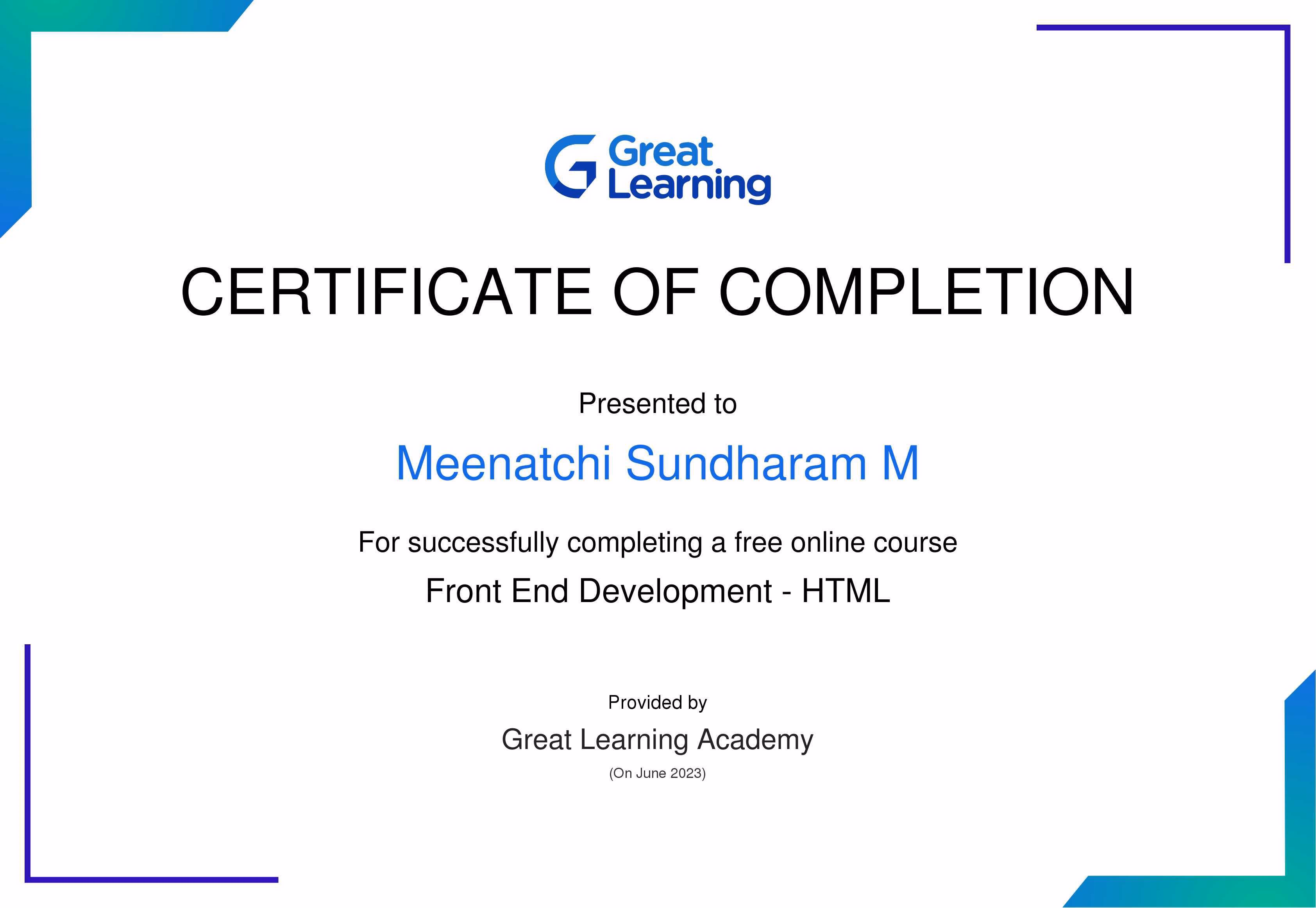Front-End Development certificate from Great Learning