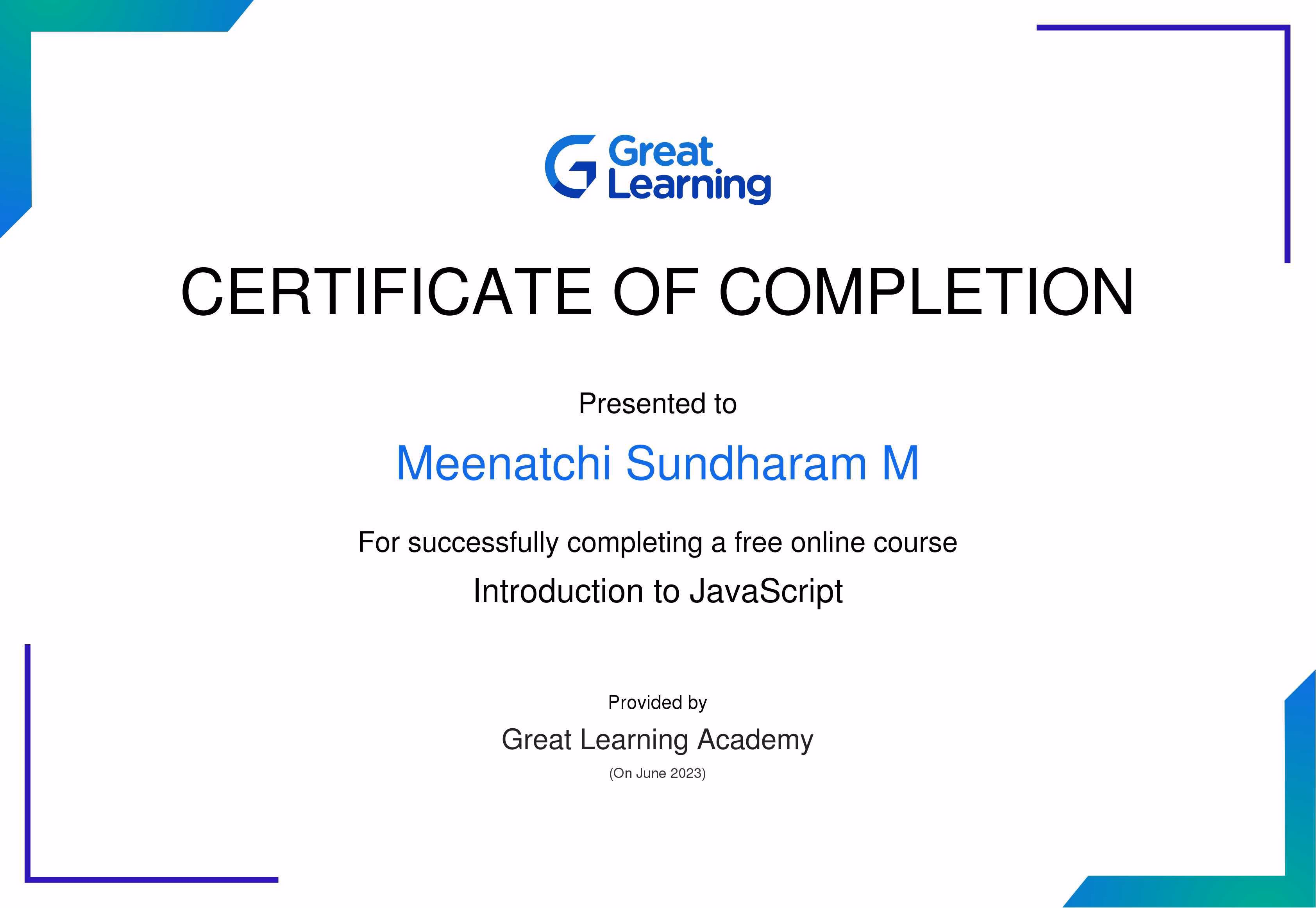 JavaScript Fundamentals certificate from Great Learning