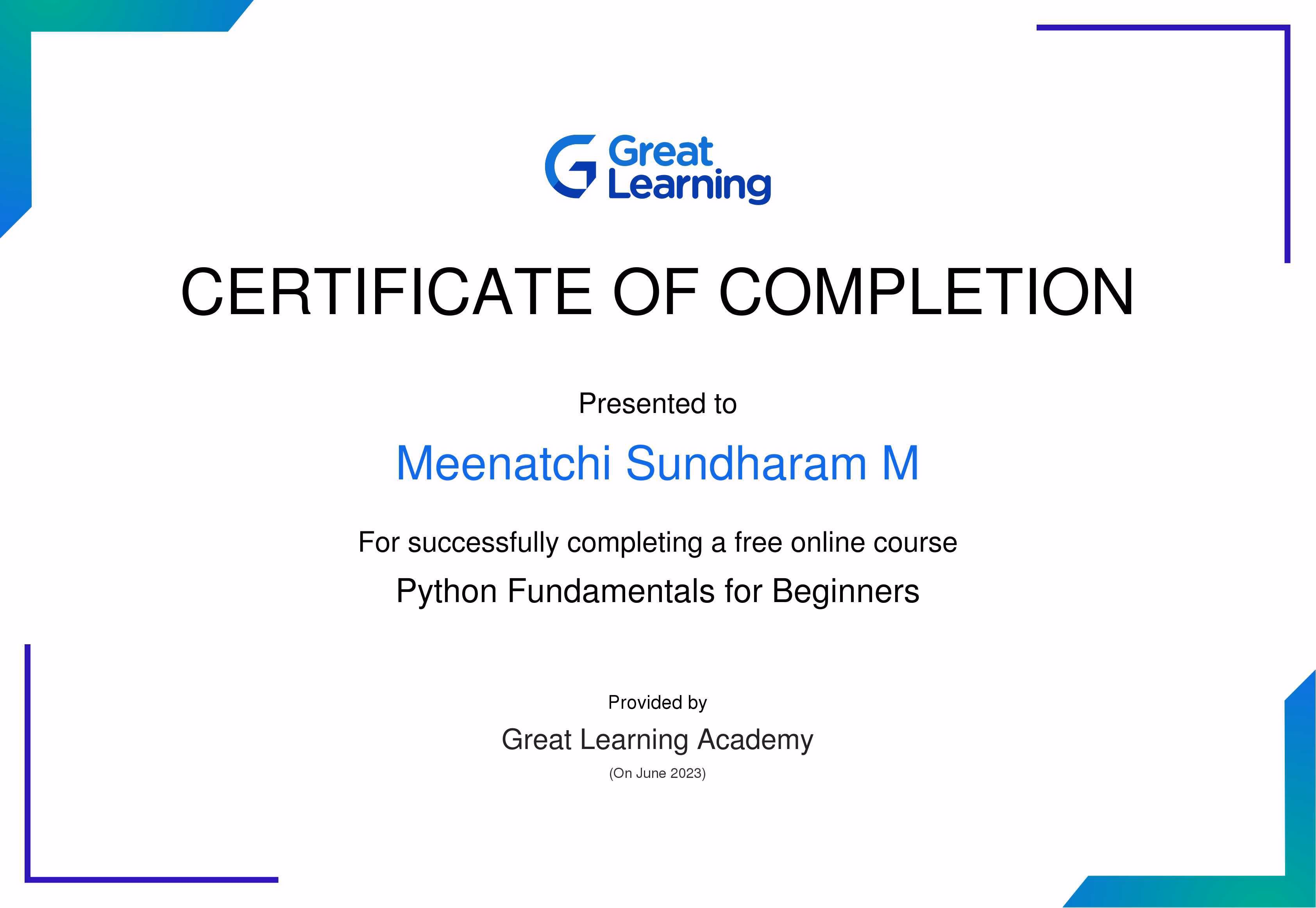 Python Fundamentals certificate from Great Learning